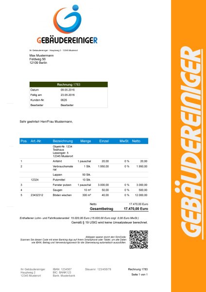 Faktura Software Gebäudereiniger Kleinunternehmer Rechnung